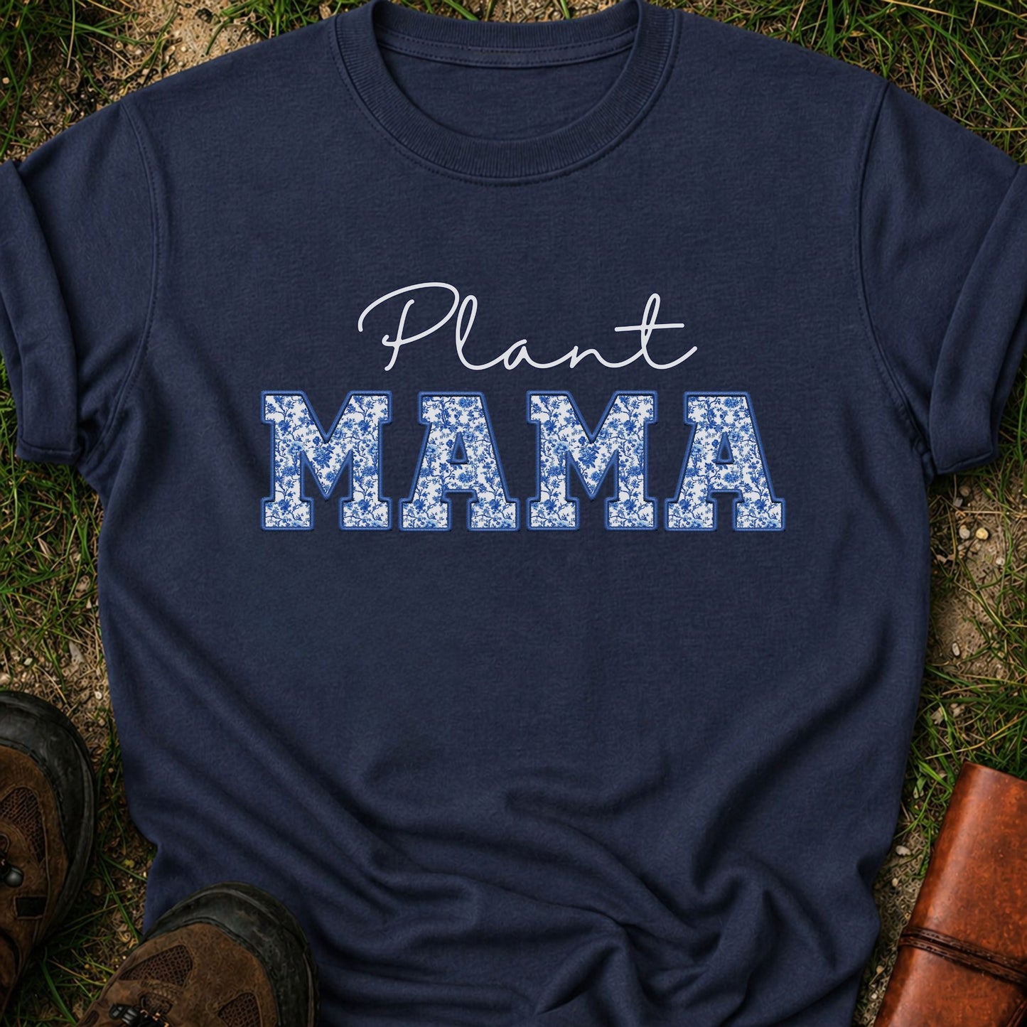 Navy Blue  t-shirt with 'Plant MAMA' text on a grass surface