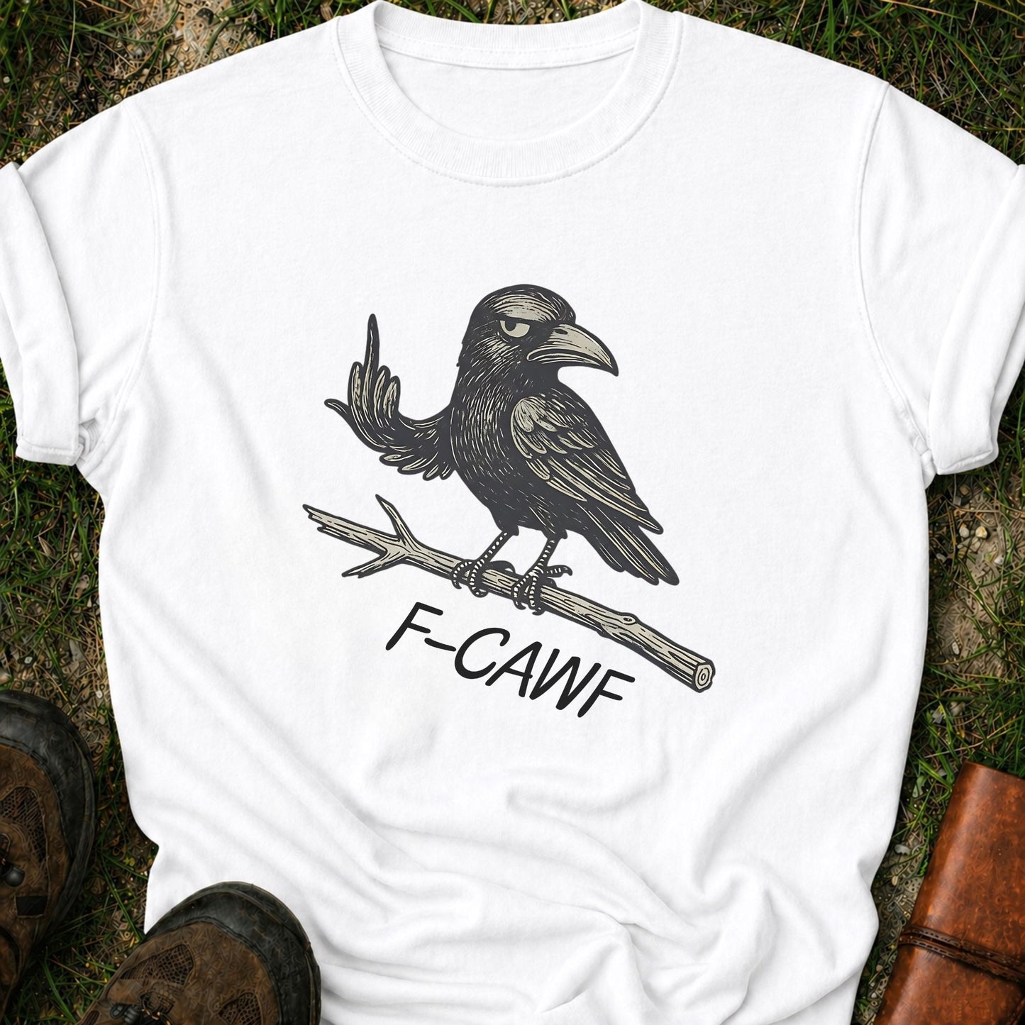 White t-shirt with a crow illustration makine a rude gesture with his wing and 'F-CAWF' text on a grass surface