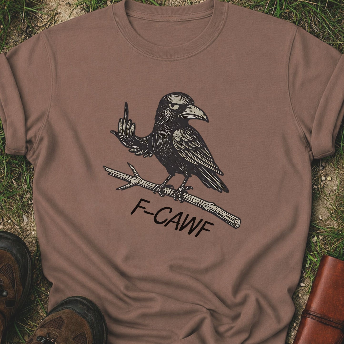 Brown  t-shirt with a crow illustration makine a rude gesture with his wing and 'F-CAWF' text on a grass surface