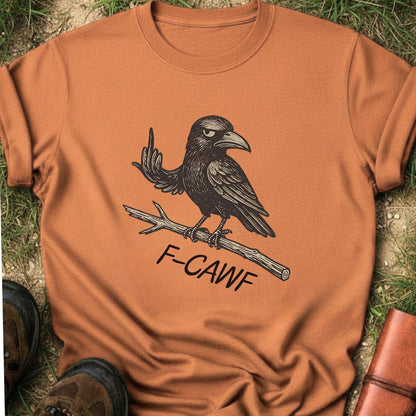 Orange  t-shirt with a crow illustration makine a rude gesture with his wing and 'F-CAWF' text on a grass surface