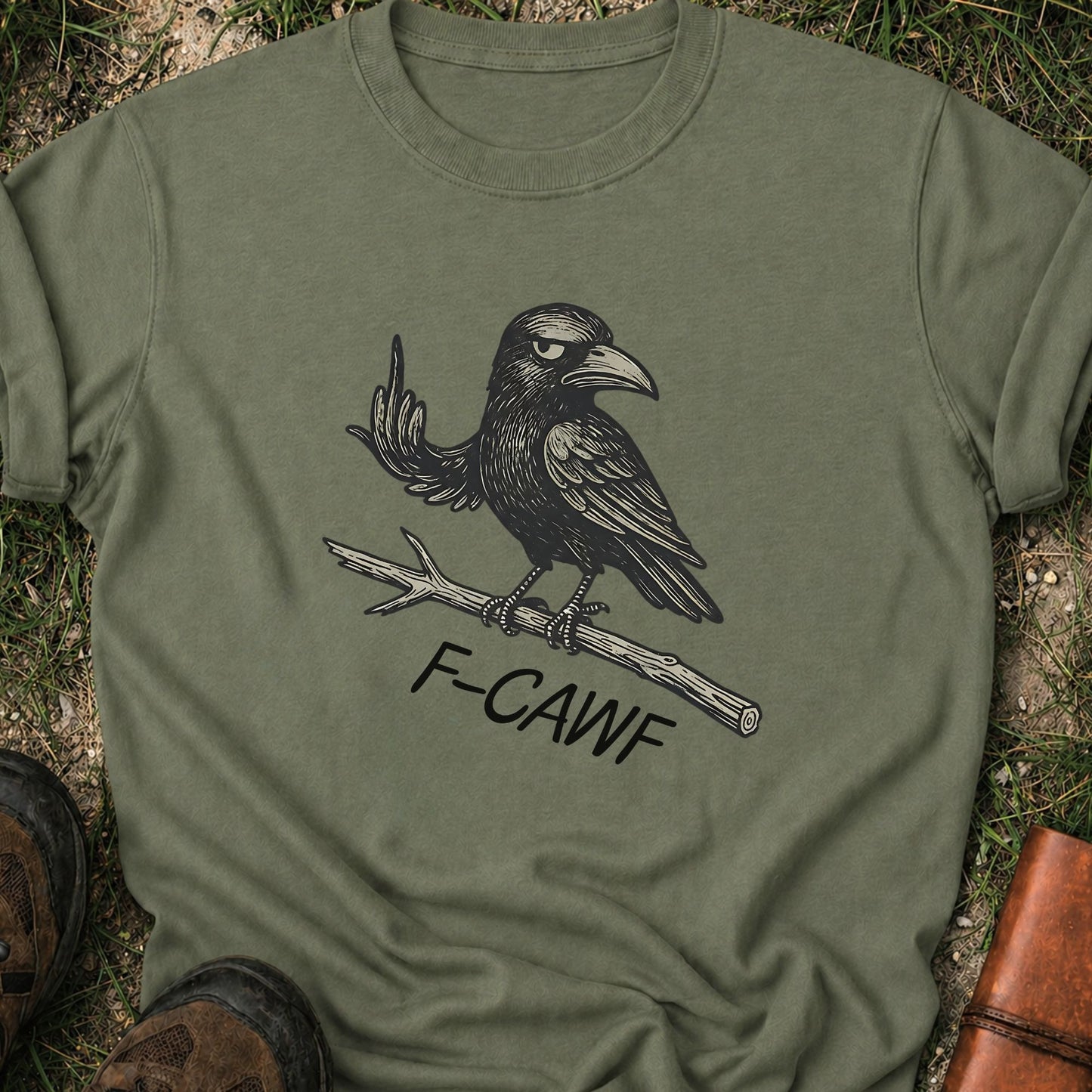 Green  t-shirt with a crow illustration makine a rude gesture with his wing and 'F-CAWF' text on a grass surface