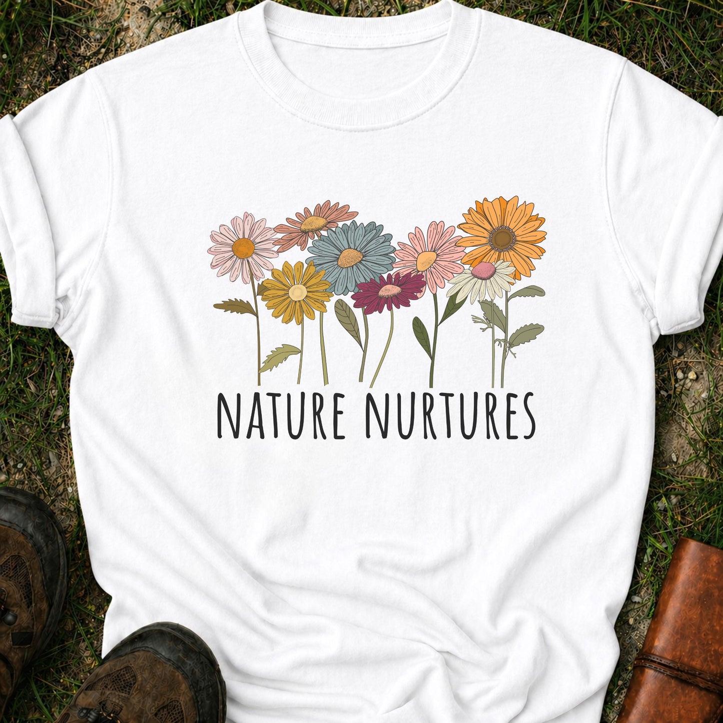 White t-shirt with colorful floral design and 'Nature Nurtures' text laying  on grass.