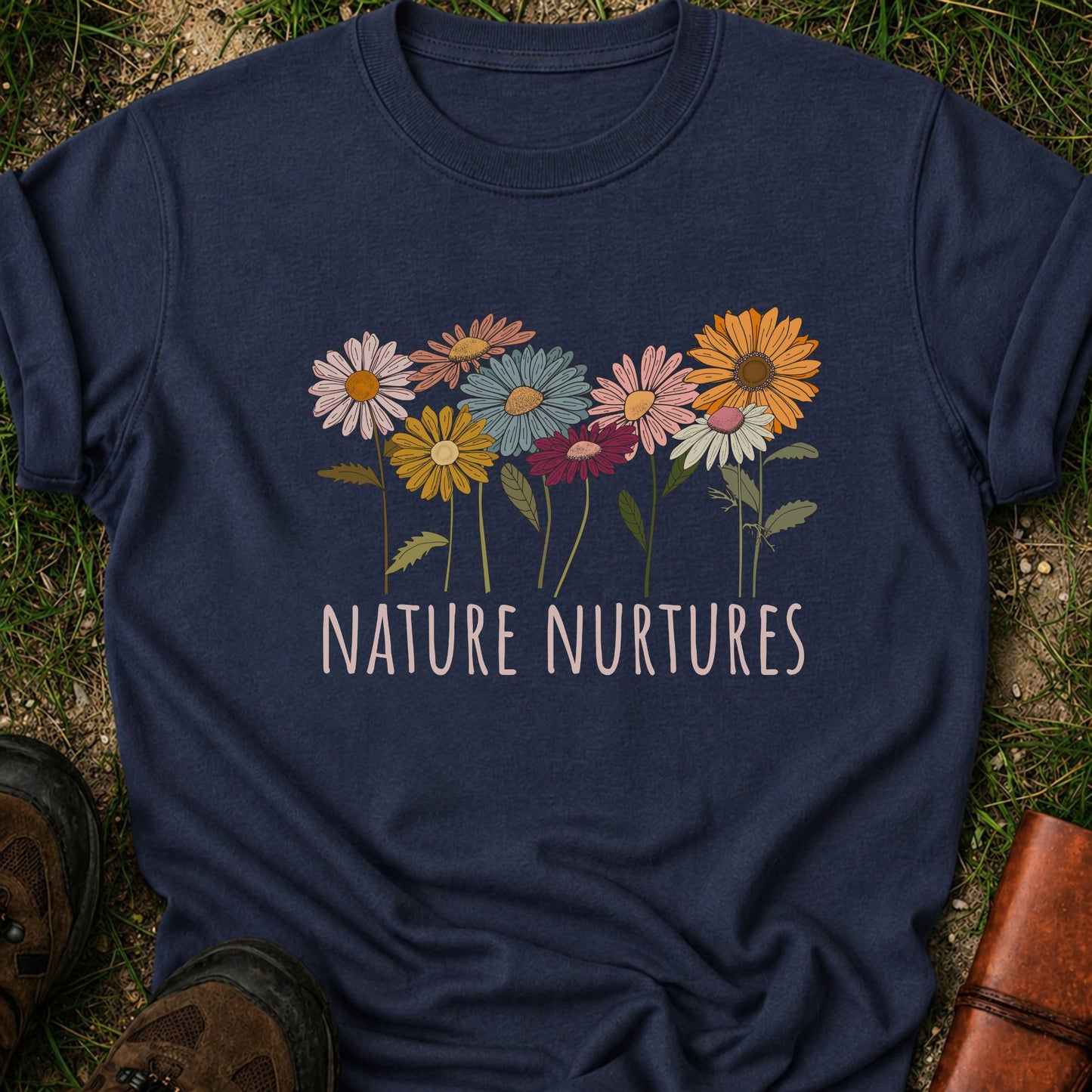 Navy blue t-shirt with colorful floral design and 'Nature Nurtures' text laying  on grass.