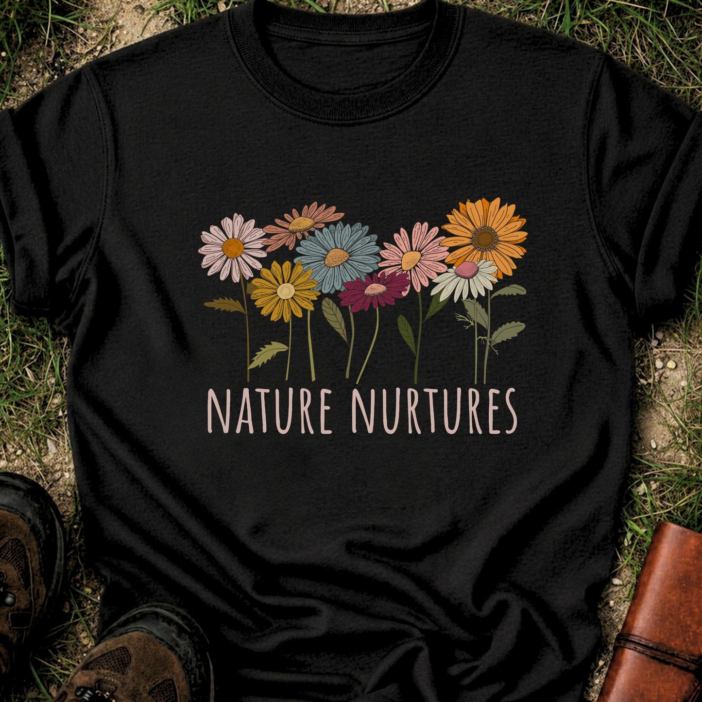 black t-shirt with colorful floral design and 'Nature Nurtures' text laying  on grass.