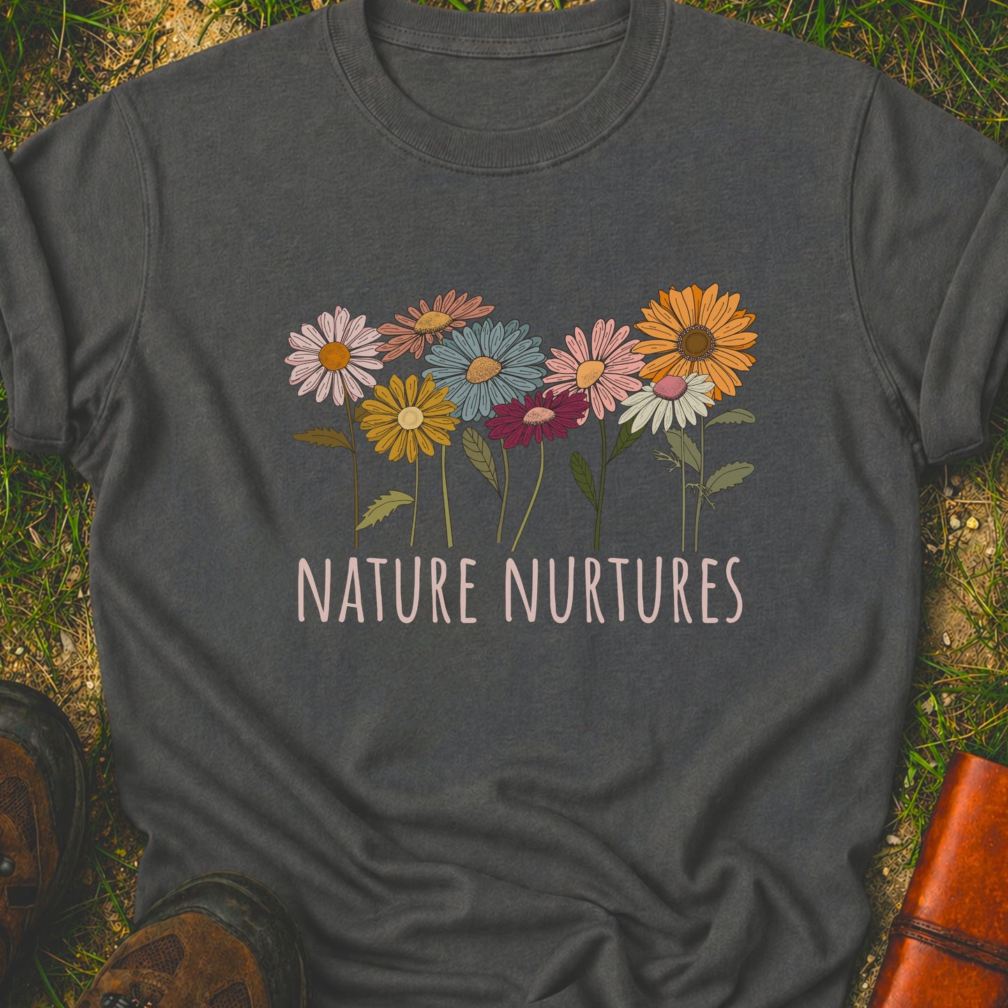 Dark Grey t-shirt with colorful floral design and 'Nature Nurtures' text laying  on grass.