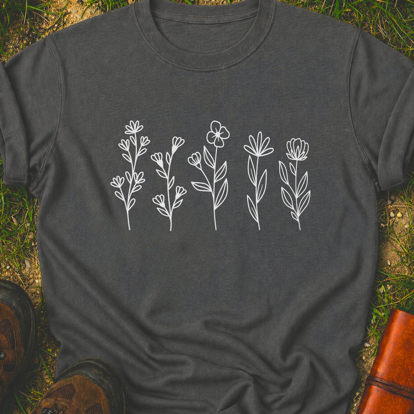 Dark gray t-shirt with white floral designs on grass