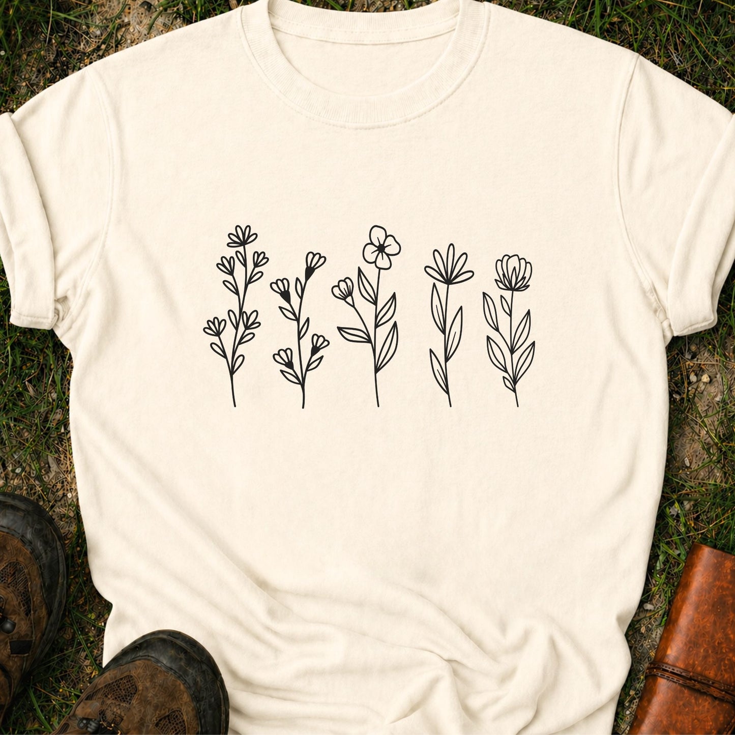 Ivory t-shirt with black floral designs on grass