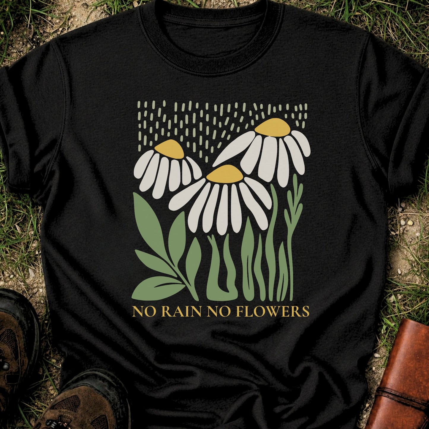 Black T-Shirt with 3 boho style flowers in the rain with the text "No Rain No Flowers".  Tshirt is lying flat on grass.