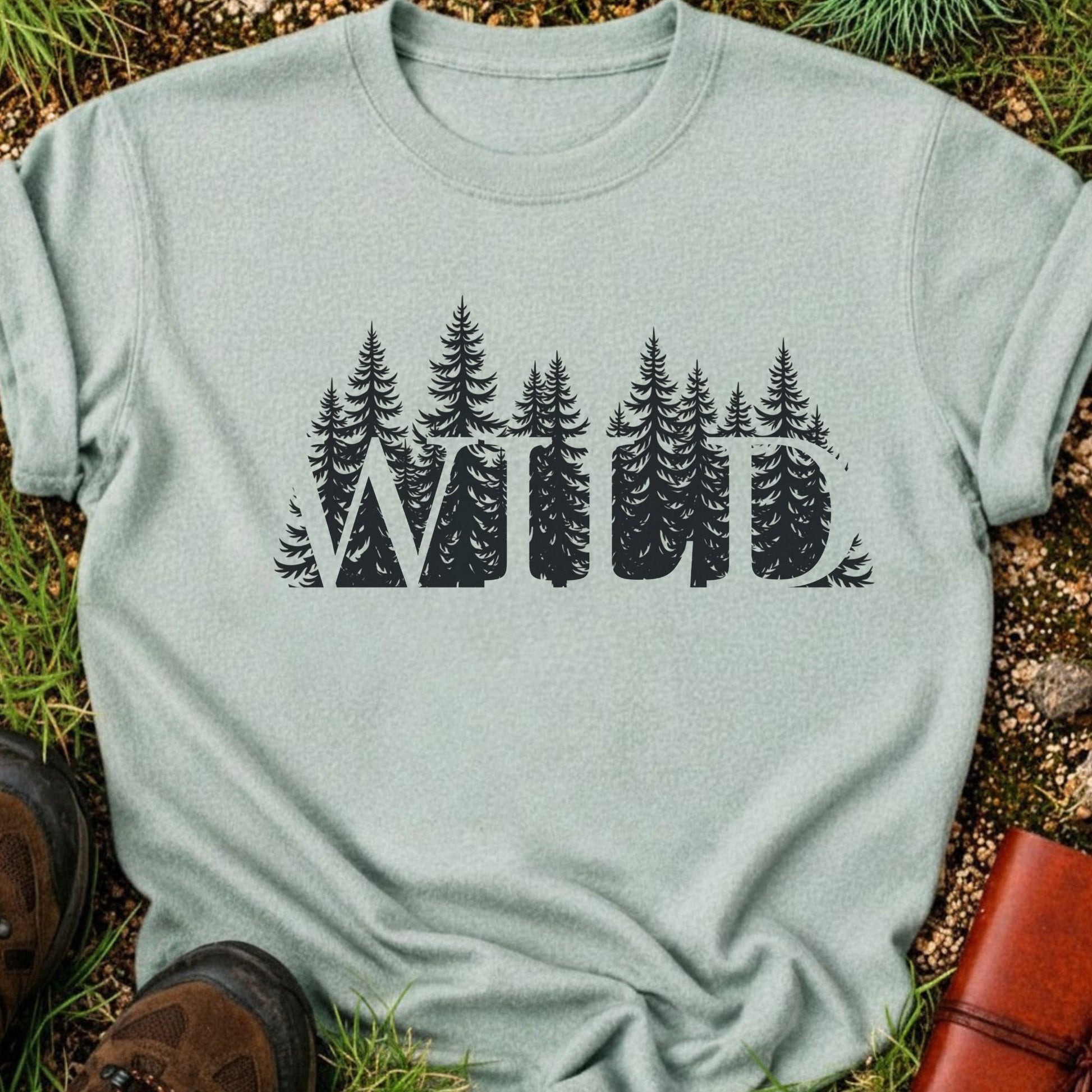 Light Green t-shirt with the word WILD cut into a  forest design lying on grass