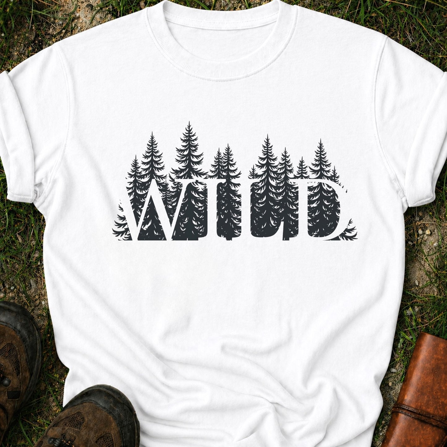 White t-shirt with the word WILD cut into a  forest design lying on grass