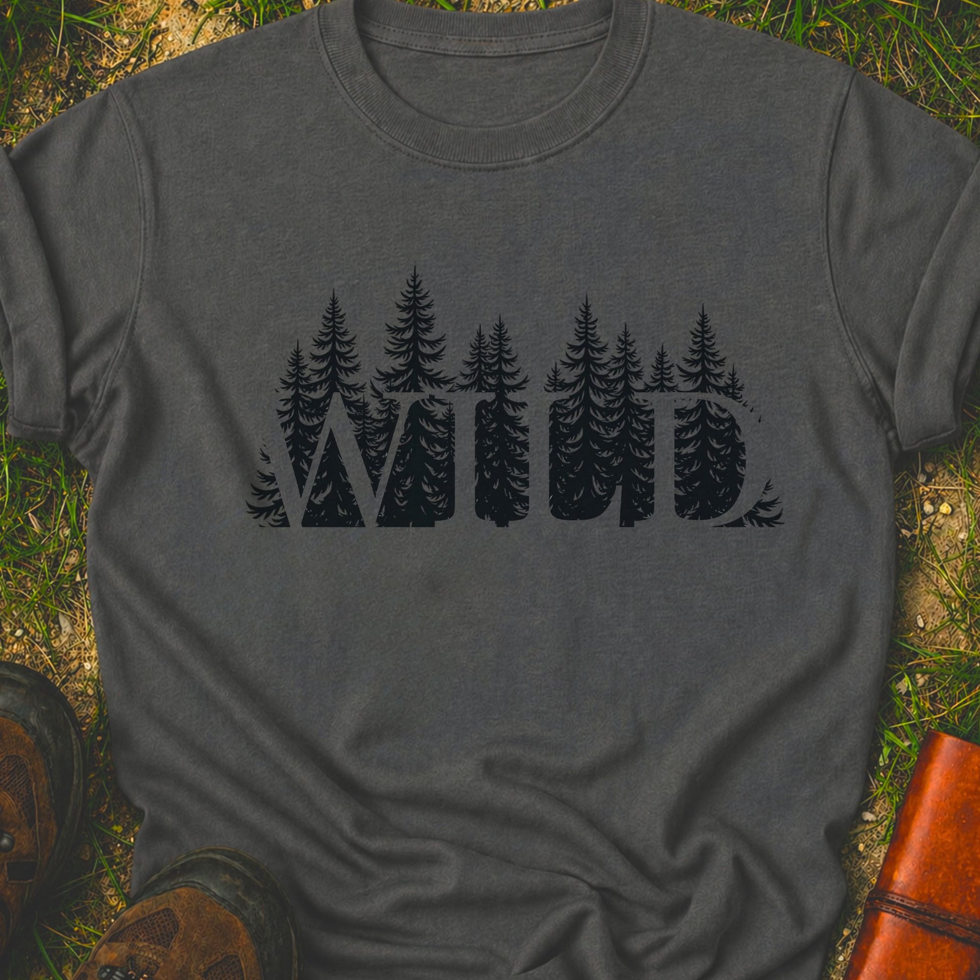 Dark Gray t-shirt with the word WILD cut into a  forest design lying on grass