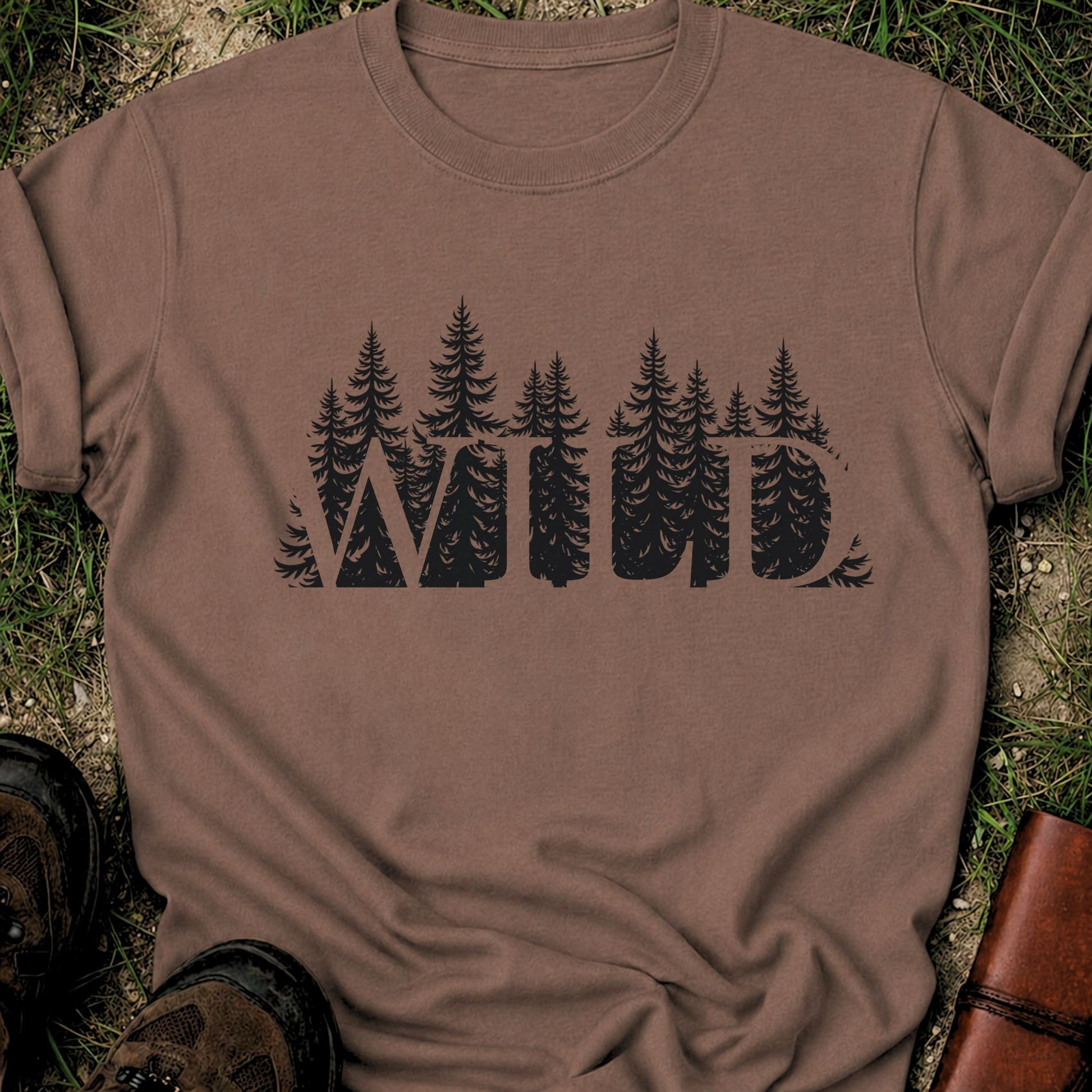 Brown t-shirt with the word WILD cut into a  forest design lying on grass