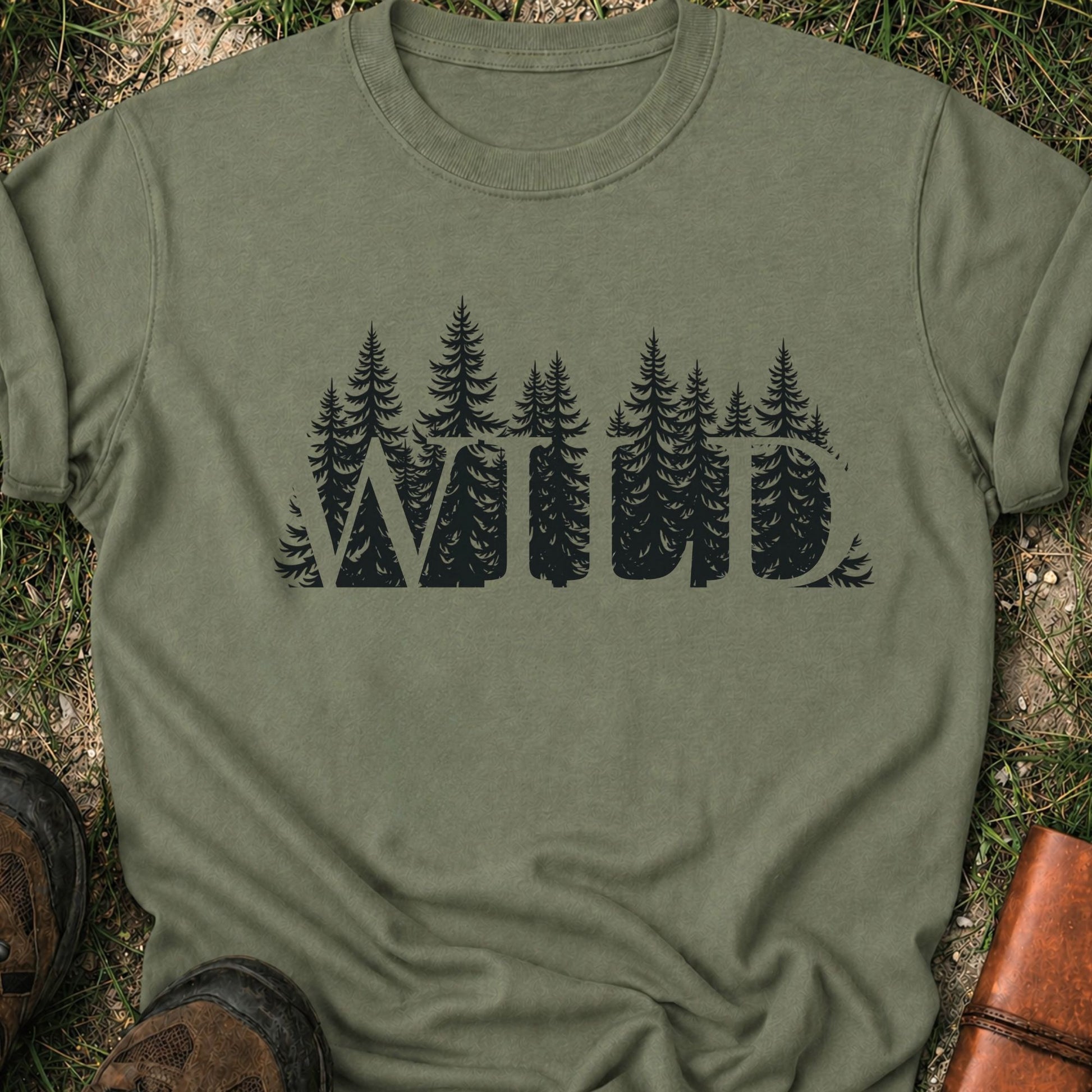 Green t-shirt with the word WILD cut into a  forest design lying on grass