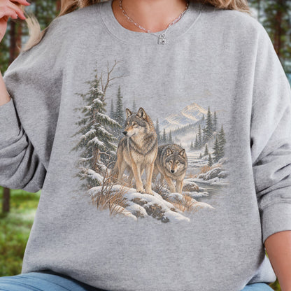 A person wearing a heather gray crewneck sweatshirt with a detailed graphic print of two wolves in a snowy forest, photographed outdoors with a blurred natural background.