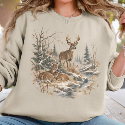 A woman wearing a beige crewneck sweatshirt with a detailed graphic print of deer in a snowy winter forest, paired with blue jeans.