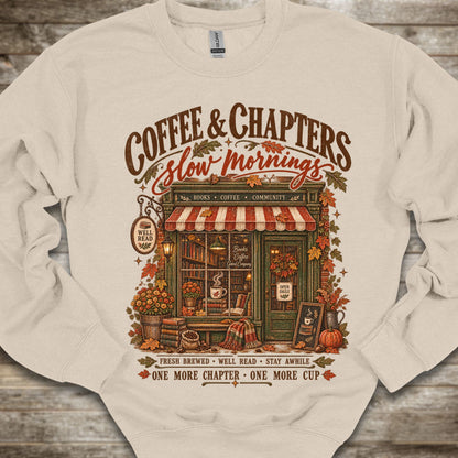 A cream-colored crewneck sweatshirt with a detailed graphic print of a cozy autumn bookshop scene. The graphic features the text 'COFFEE & CHAPTERS Slow mornings' in brown and red lettering, above an illustration of a bookshop storefront decorated with fall leaves, pumpkins, and flowers.