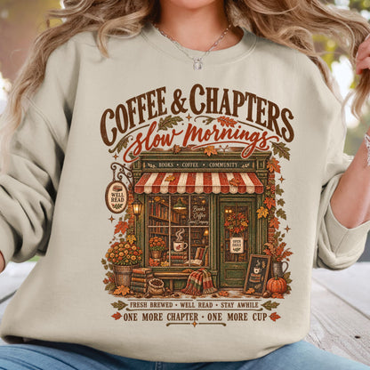 A woman wearing a light beige crewneck sweatshirt with a detailed graphic print of a cozy coffee shop storefront and the text 'COFFEE & CHAPTERS Slow Mornings'.